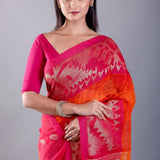 Pink and Orange Ombre Tant Jamdani with Floral Motifs - Anvi Couture