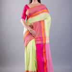 Pink and Lemon Green Bengal Cotton Handloom Saree - Image 1