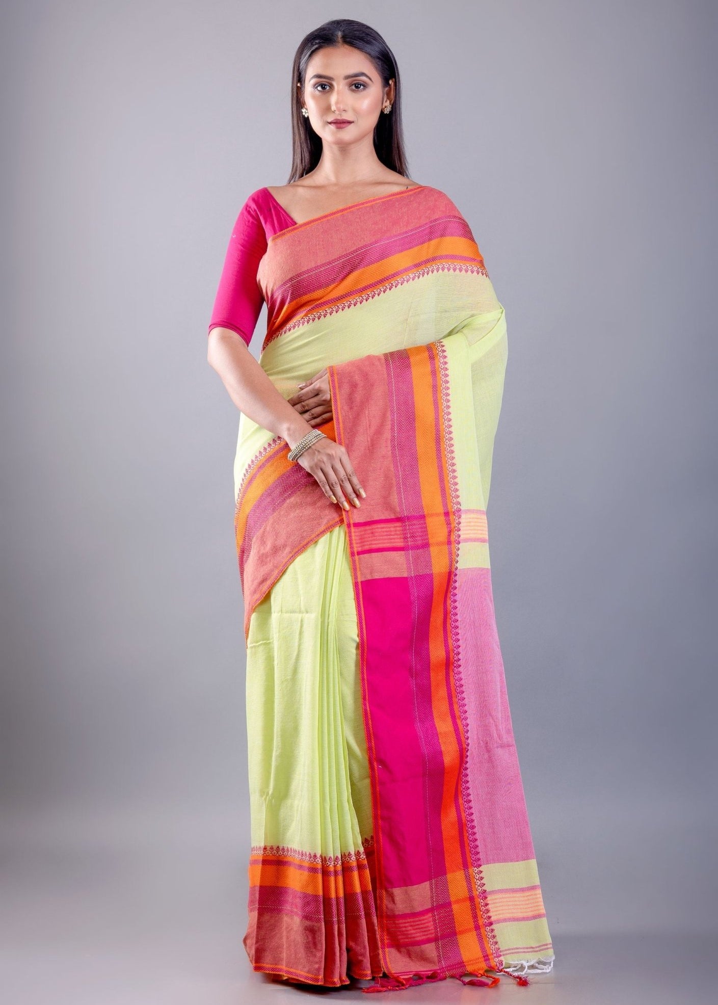 Pink and Lemon Green Bengal Cotton Handloom Saree - Anvi Couture