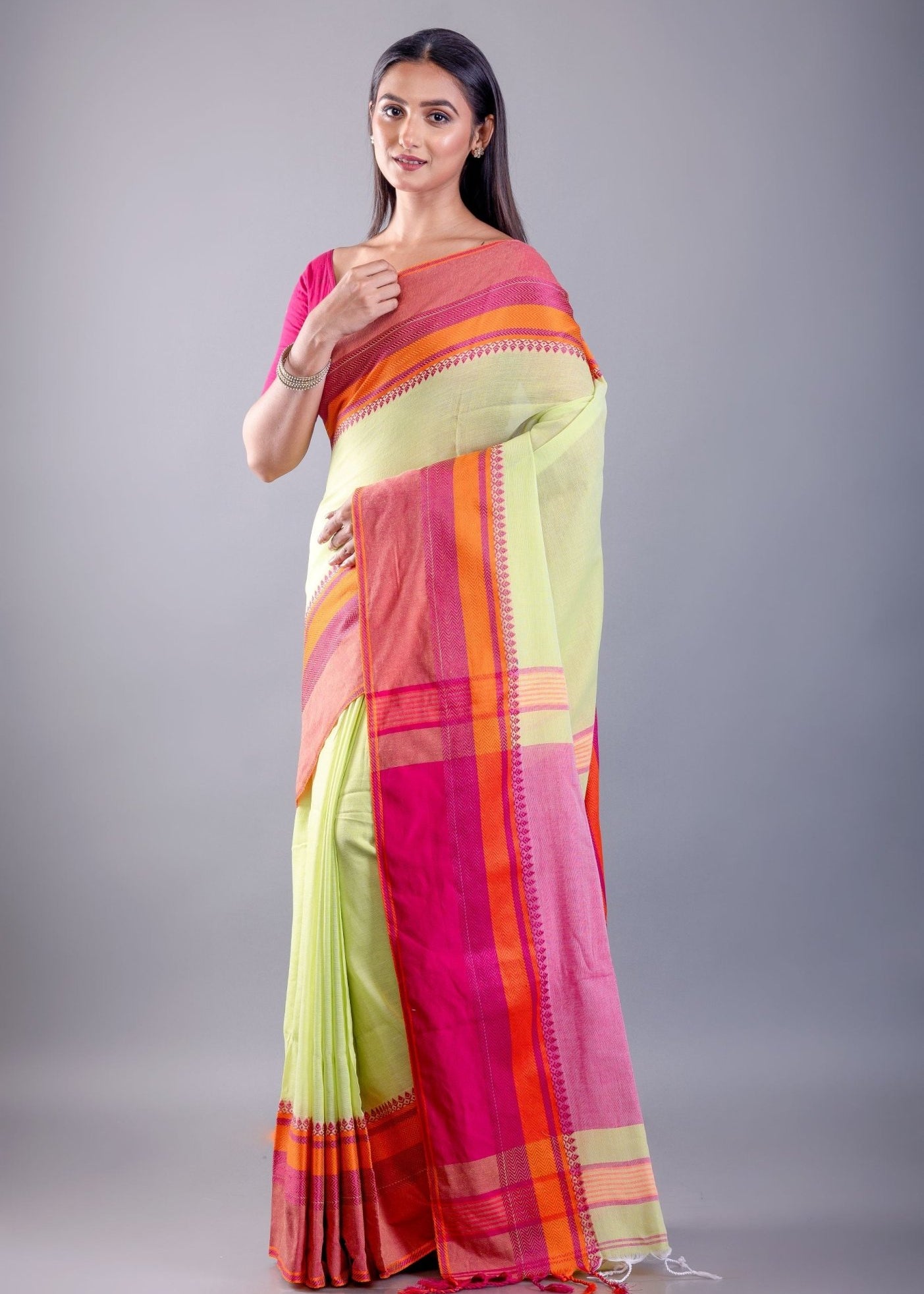 Pink and Lemon Green Bengal Cotton Handloom Saree - Anvi Couture