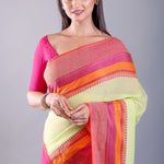 Pink and Lemon Green Bengal Cotton Handloom Saree - Image 4