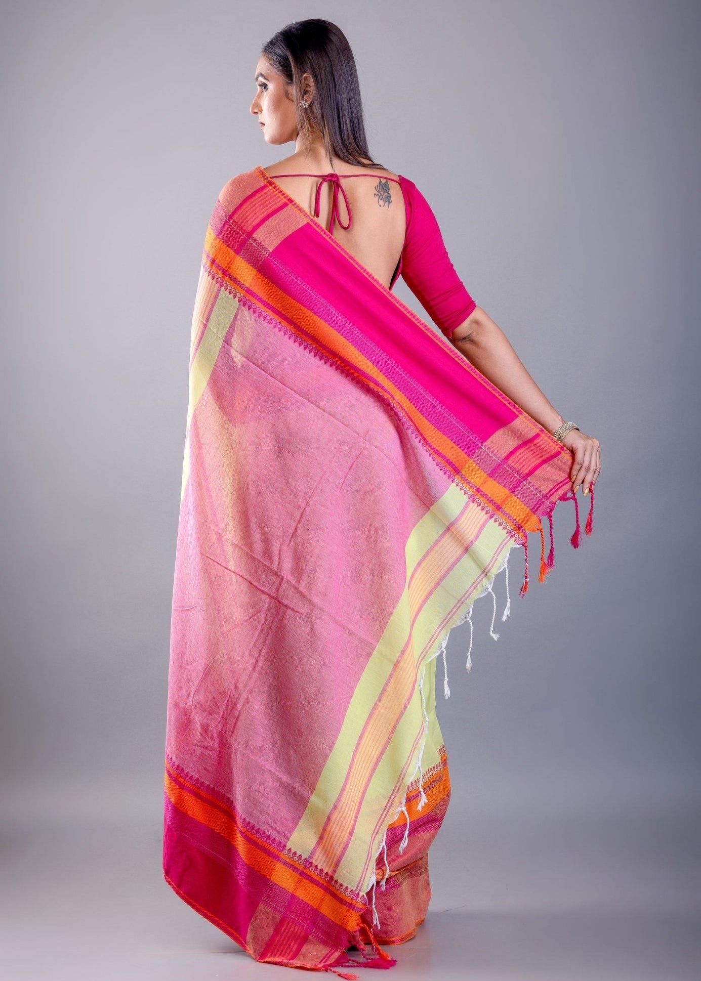 Pink and Lemon Green Bengal Cotton Handloom Saree - Anvi Couture