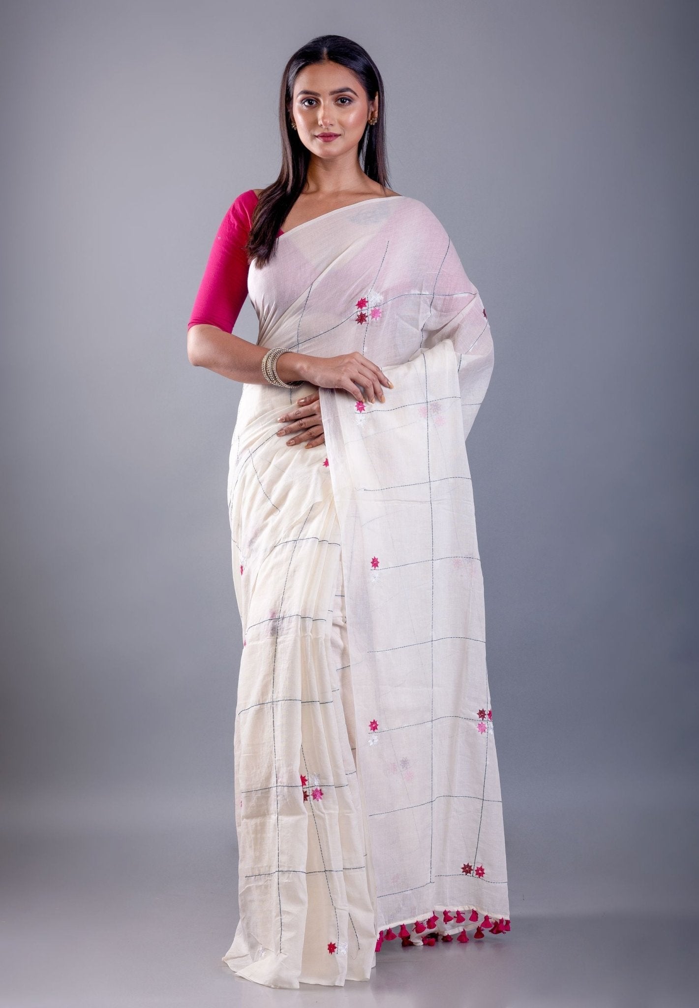 White Mul Cotton Handloom Saree with Pink Thread Knot - Anvi Couture