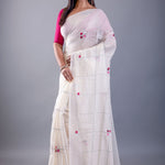 White Mul Cotton Handloom Saree with Pink Thread Knot - Image 2