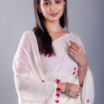 White Mul Cotton Handloom Saree with Pink Thread Knot - Image 4