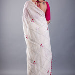 White Mul Cotton Handloom Saree with Pink Thread Knot - Anvi Couture