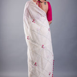 White Mul Cotton Handloom Saree with Pink Thread Knot - Anvi Couture