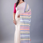 White Mul Cotton Handloom Saree with Multicolor Pallu - Image 1