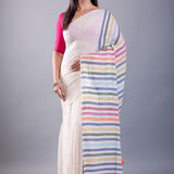White Mul Cotton Handloom Saree with Multicolor Pallu - Image 1