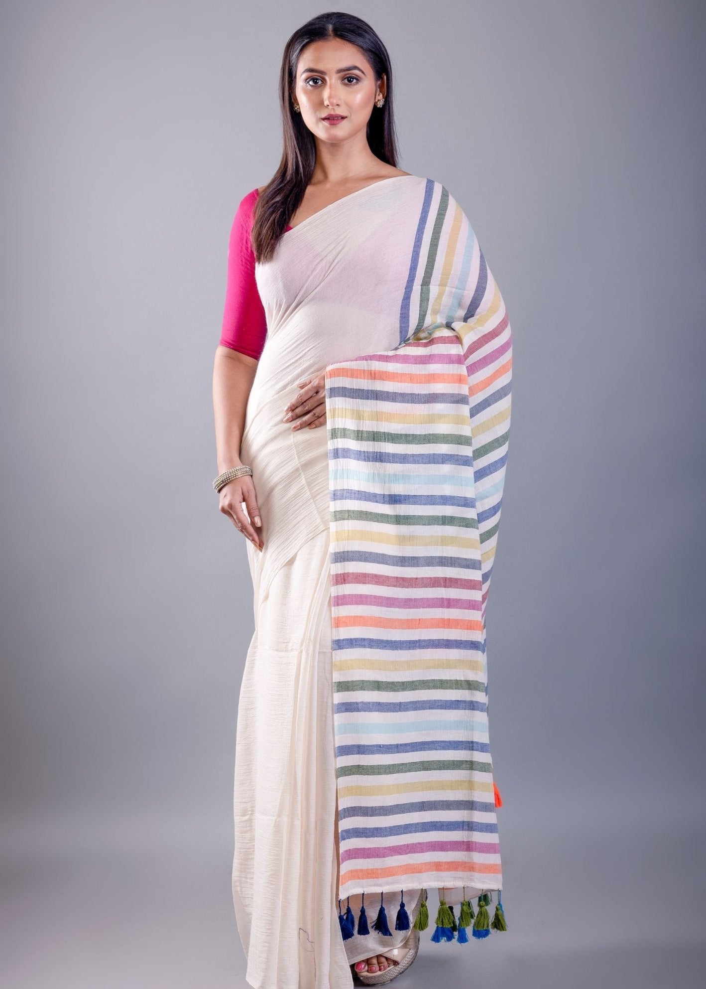 White Mul Cotton Handloom Saree with Multicolor Pallu - Anvi Couture