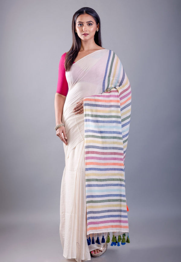 White Mul Cotton Handloom Saree with Multicolor Pallu - Anvi Couture