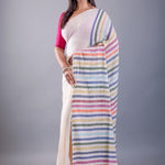 White Mul Cotton Handloom Saree with Multicolor Pallu - Image 2