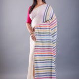 White Mul Cotton Handloom Saree with Multicolor Pallu - Image 2