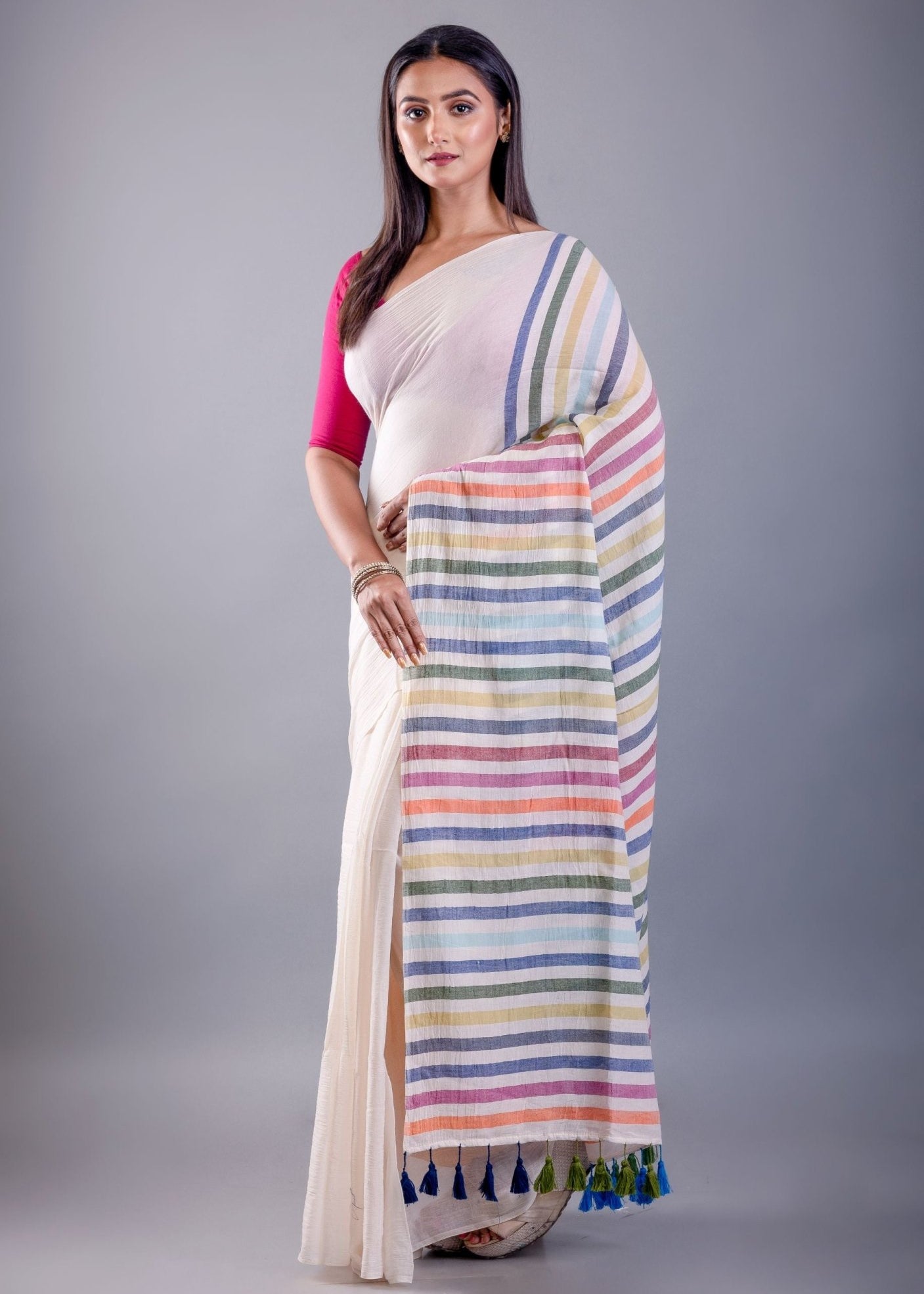 White Mul Cotton Handloom Saree with Multicolor Pallu - Anvi Couture
