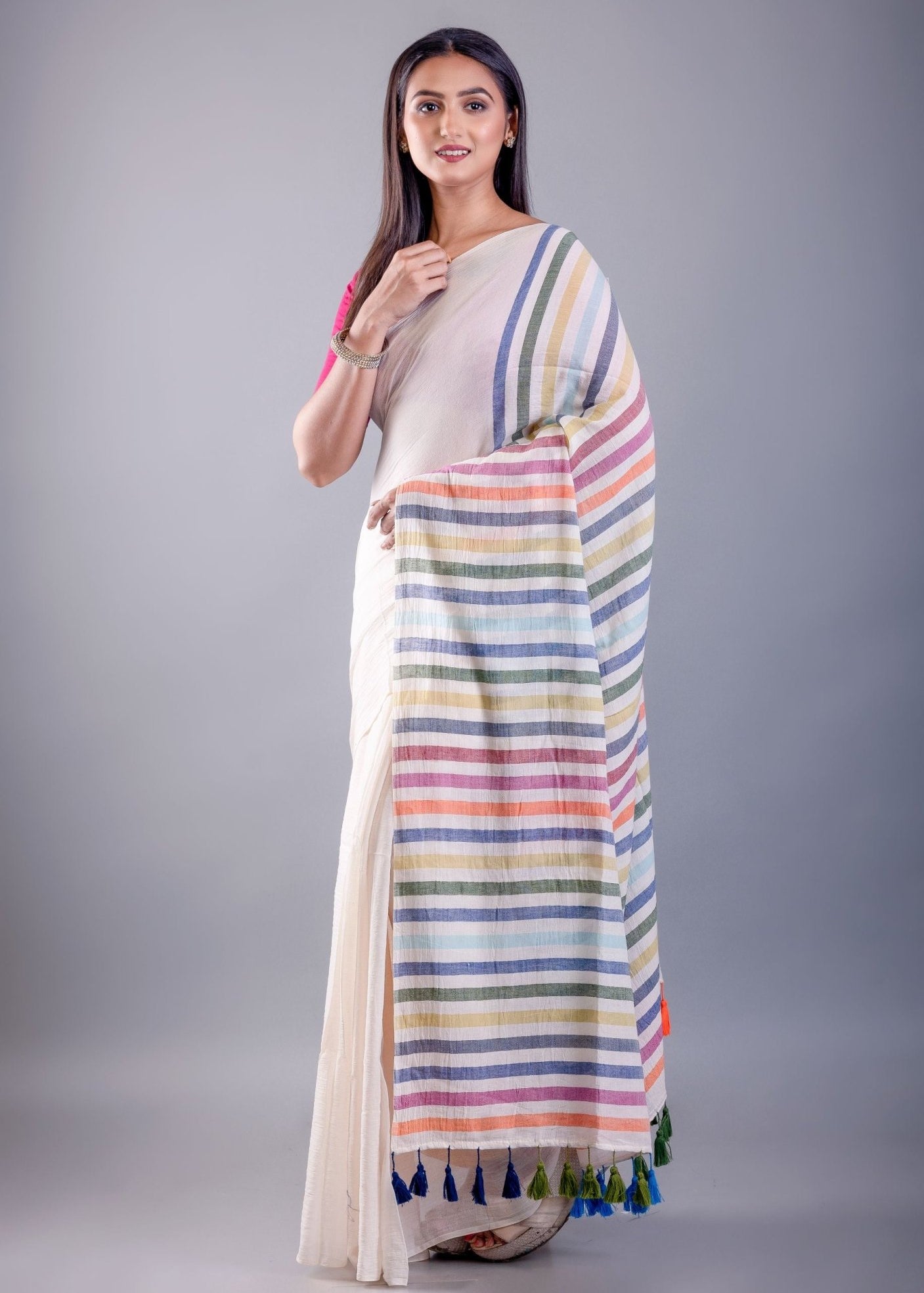 White Mul Cotton Handloom Saree with Multicolor Pallu - Anvi Couture