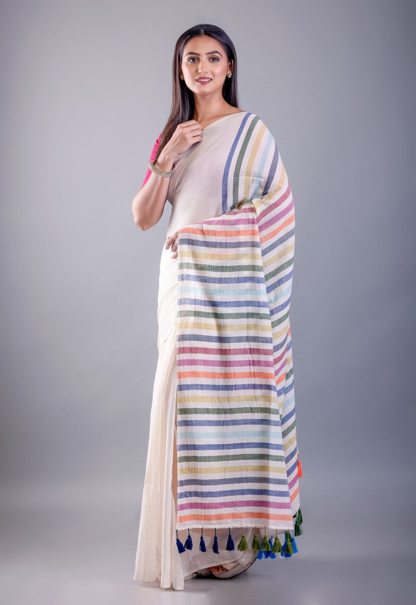 White Mul Cotton Handloom Saree with Multicolor Pallu - Anvi Couture