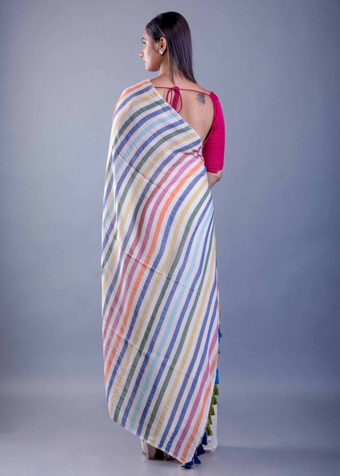 White Mul Cotton Handloom Saree with Multicolor Pallu - Anvi Couture