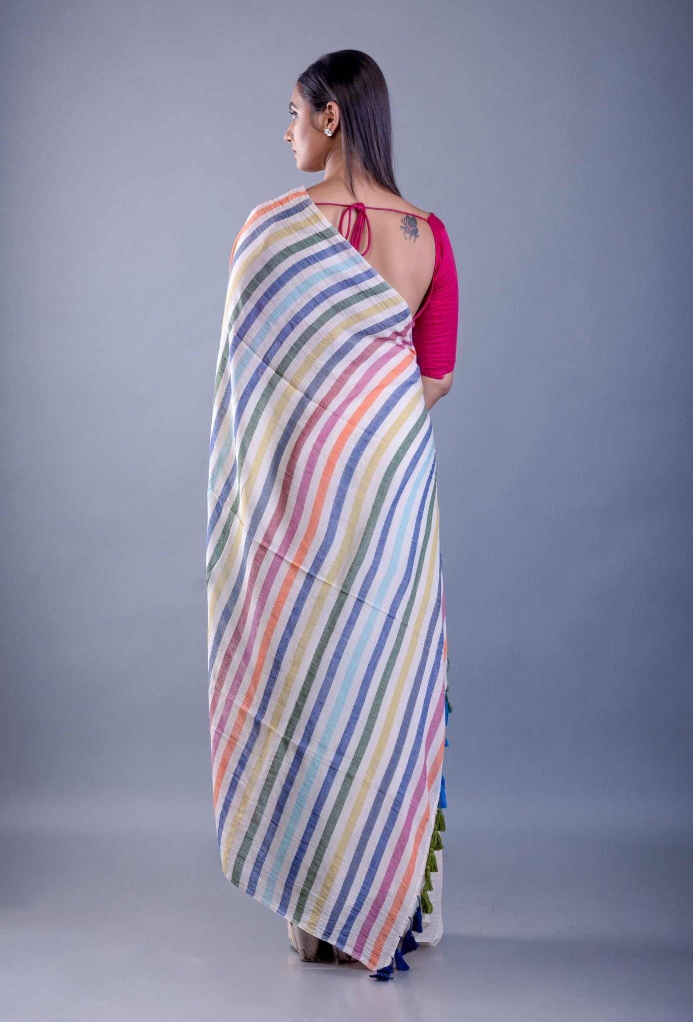 White Mul Cotton Handloom Saree with Multicolor Pallu - Anvi Couture