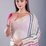 White Mul Cotton Handloom Saree with Multicolor Pallu - Image 4