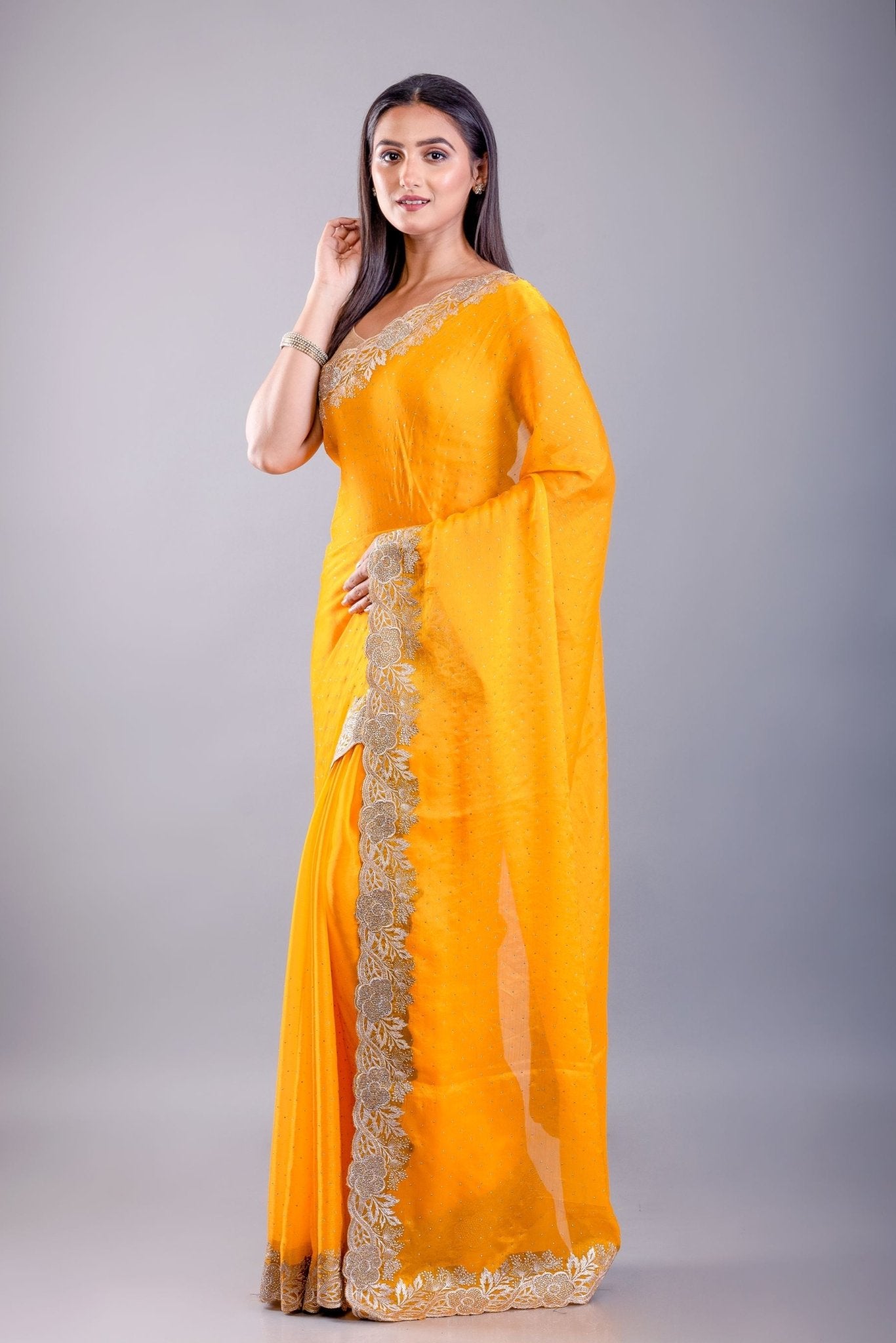 Yellow Jimmy Choo Saree With Gold Embroidered Emblishment - Anvi Couture