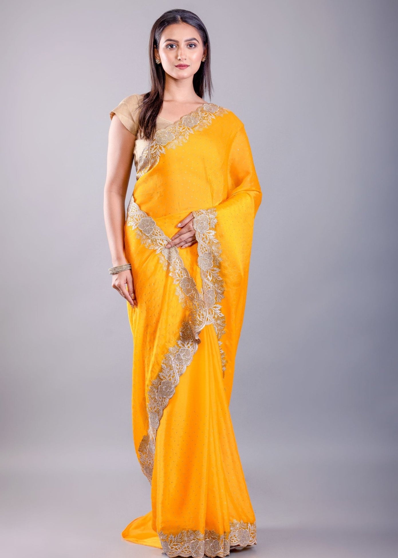 Yellow Jimmy Choo Saree With Gold Embroidered Emblishment - Anvi Couture