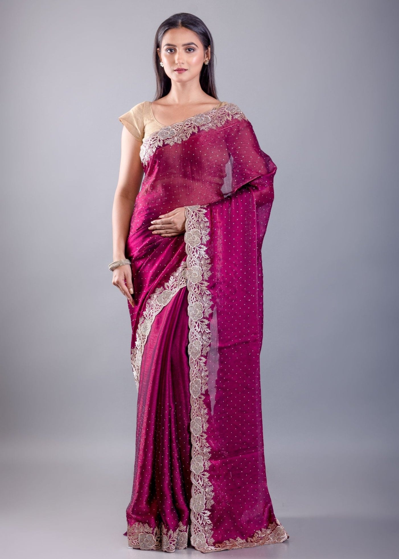 Purple Jimmy Choo Saree With All over stone Work and Heavy Border - Anvi Couture