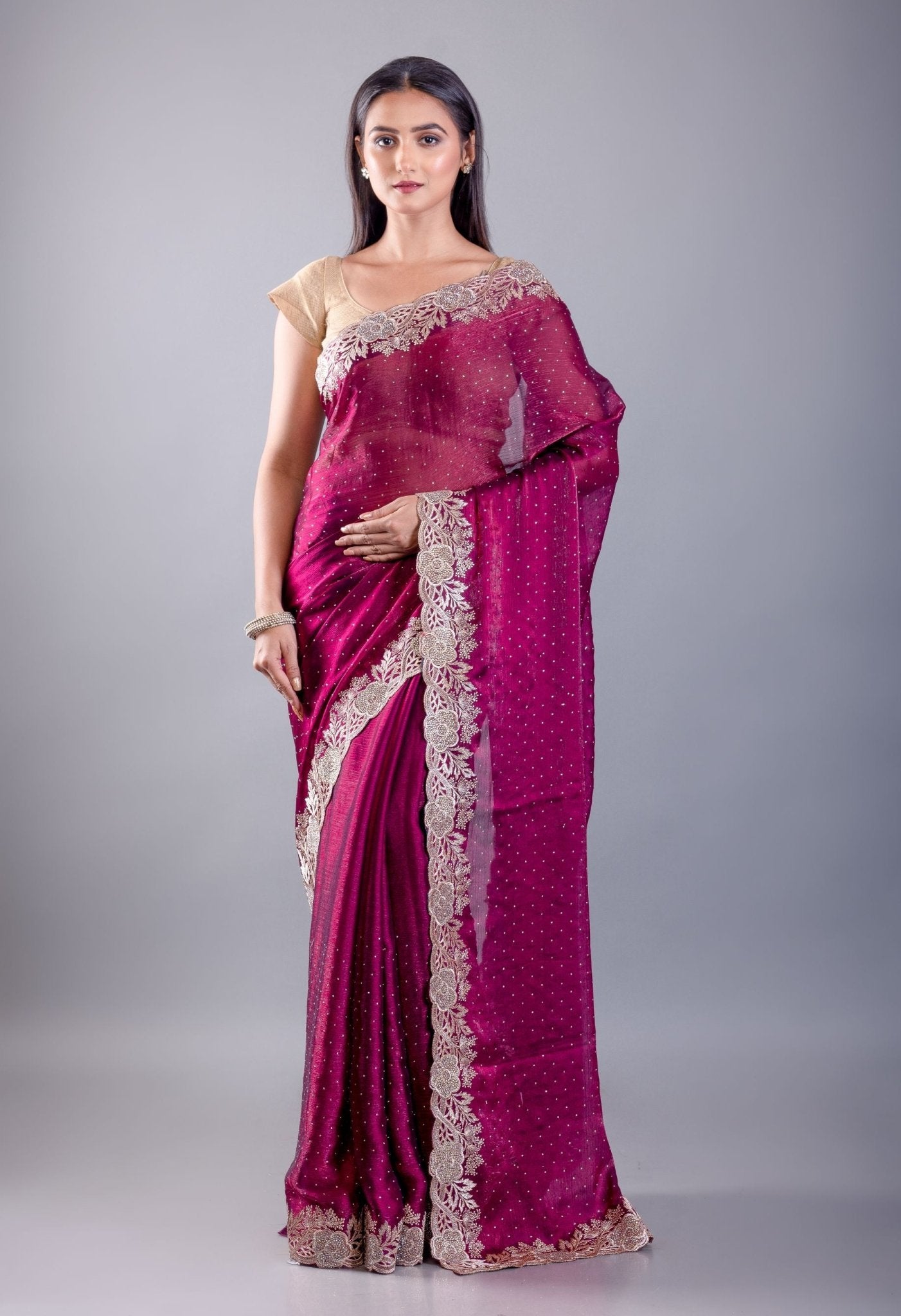 Purple Jimmy Choo Saree With All over stone Work and Heavy Border - Anvi Couture