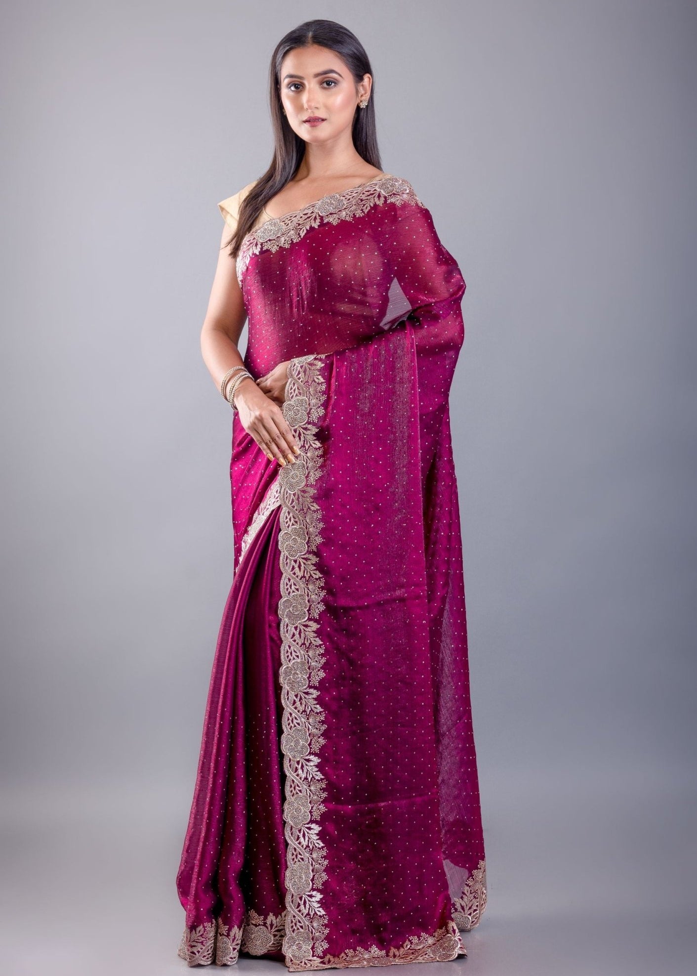 Purple Jimmy Choo Saree With All over stone Work and Heavy Border - Anvi Couture