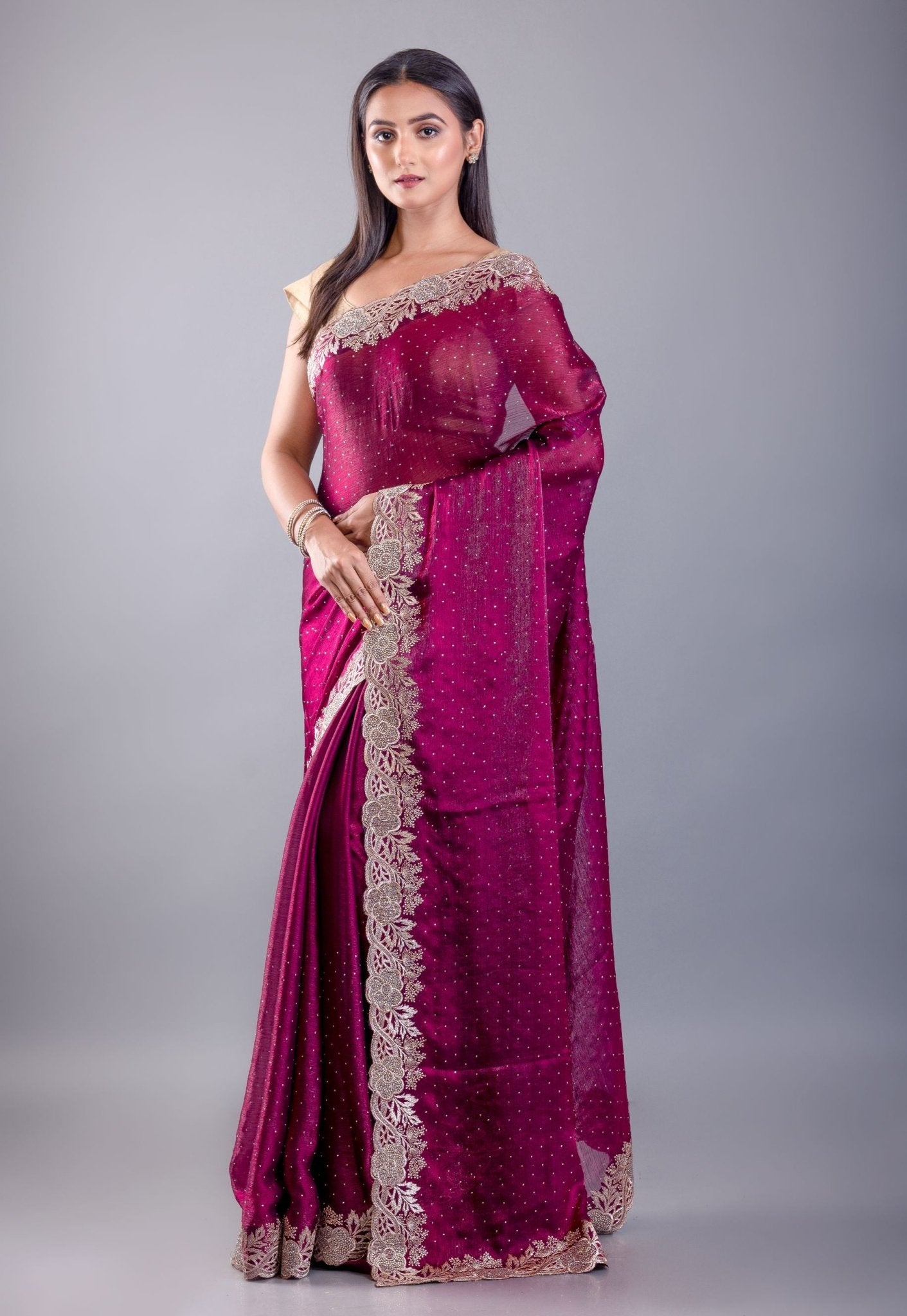 Purple Jimmy Choo Saree With All over stone Work and Heavy Border - Anvi Couture