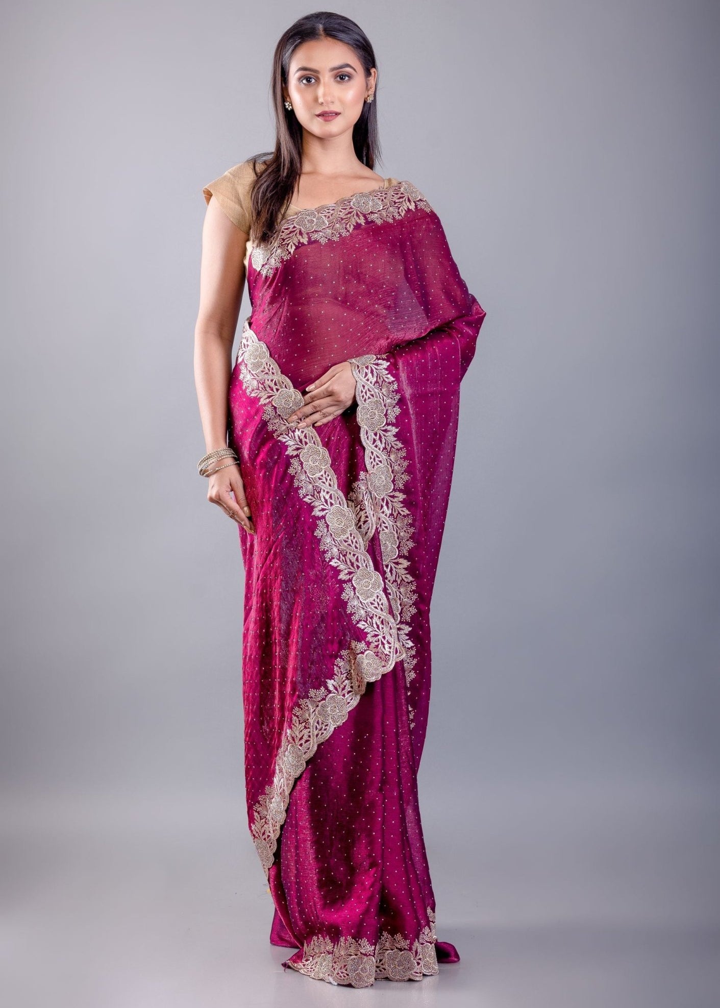 Purple Jimmy Choo Saree With All over stone Work and Heavy Border - Anvi Couture
