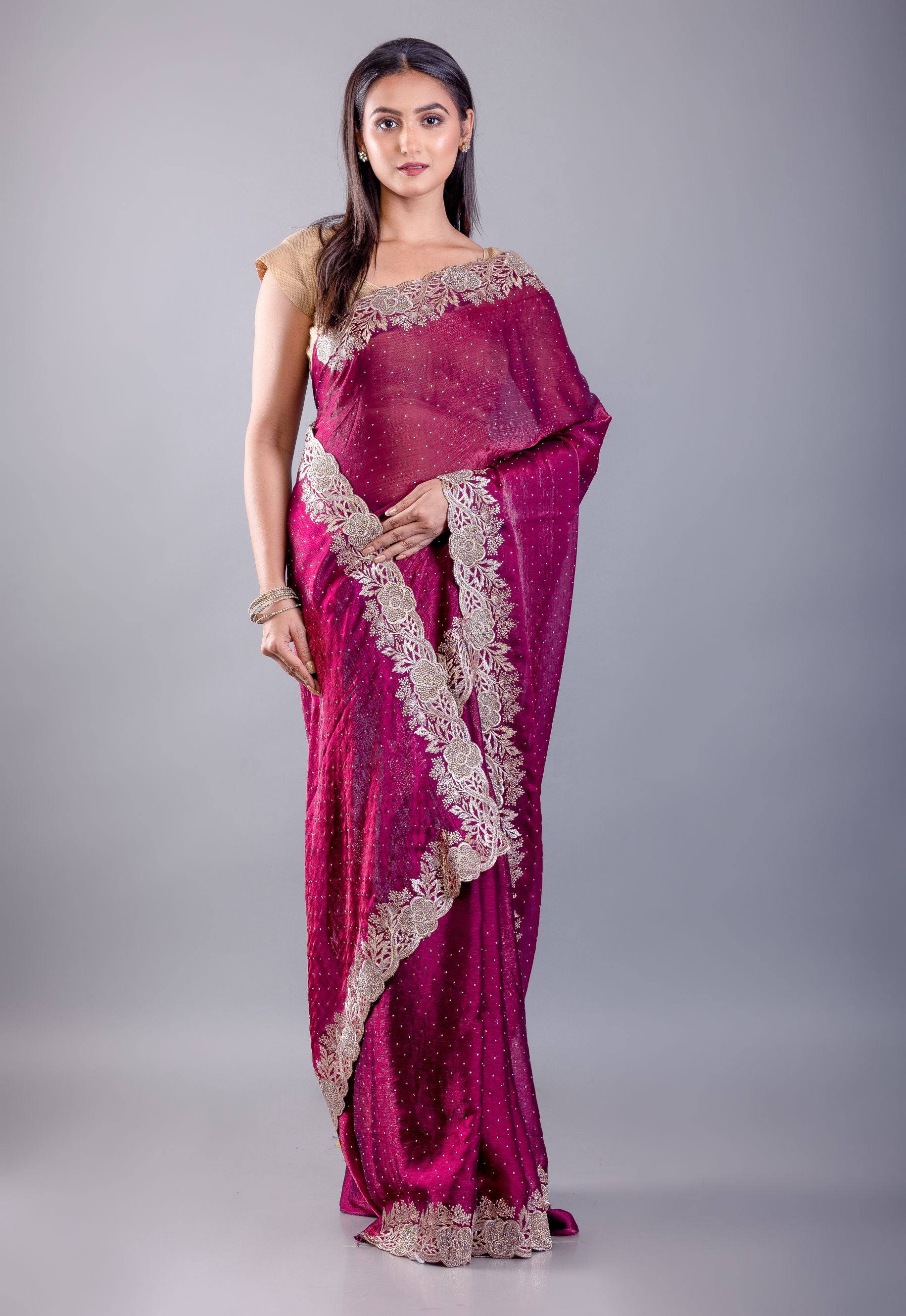 Purple Jimmy Choo Saree With All over stone Work and Heavy Border
- Image 3