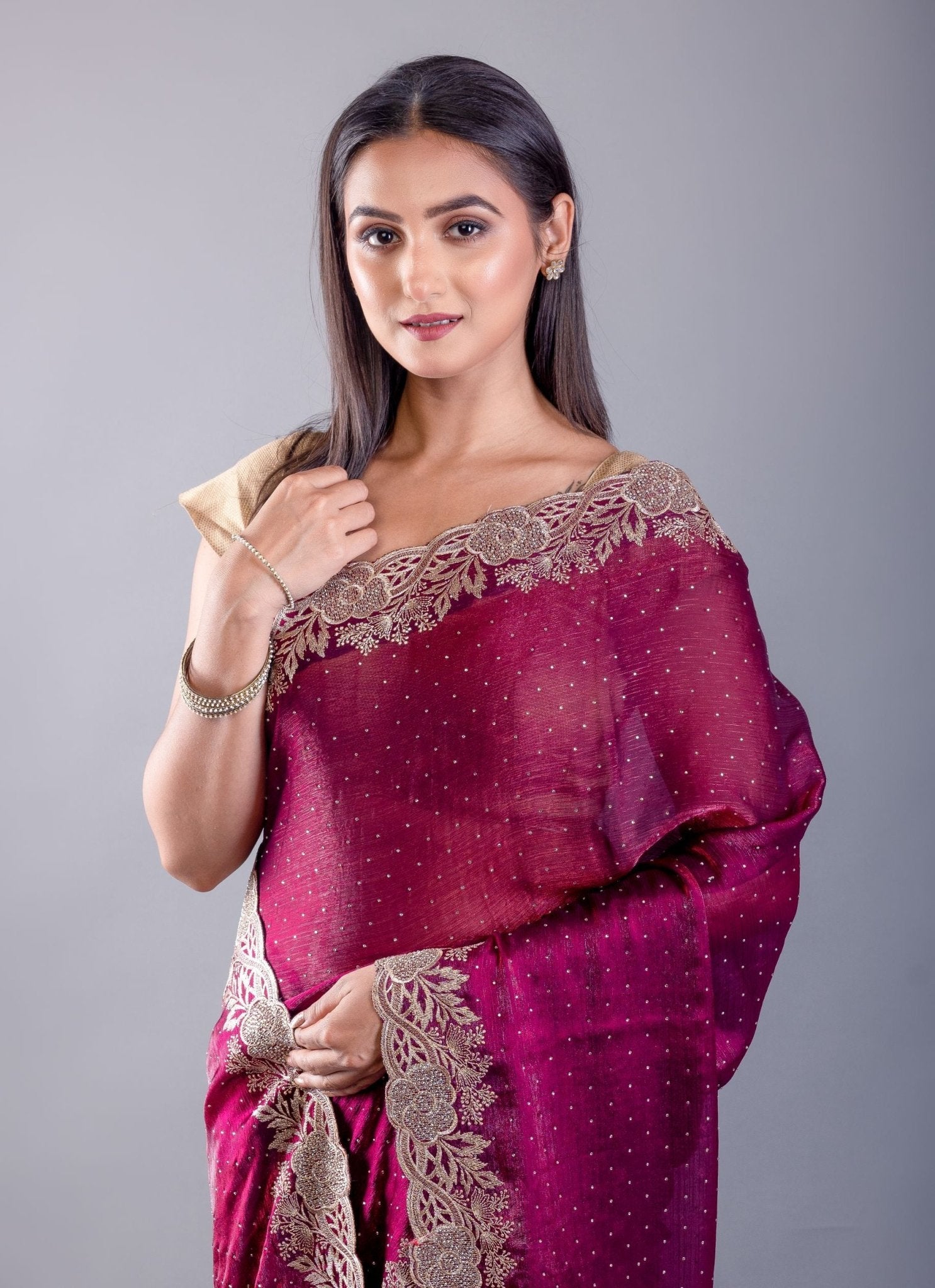 Purple Jimmy Choo Saree With All over stone Work and Heavy Border - Anvi Couture