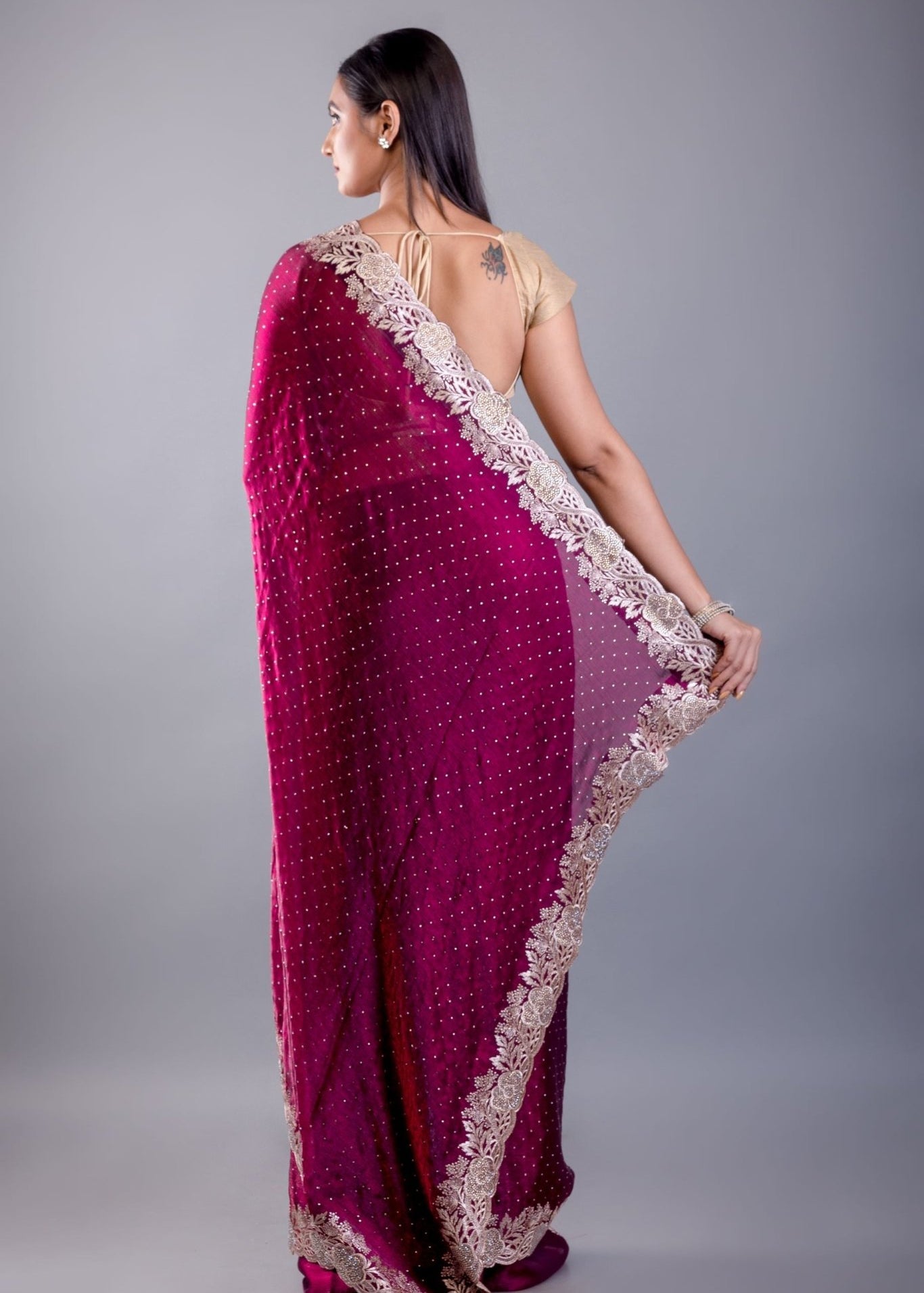 Purple Jimmy Choo Saree With All over stone Work and Heavy Border - Anvi Couture