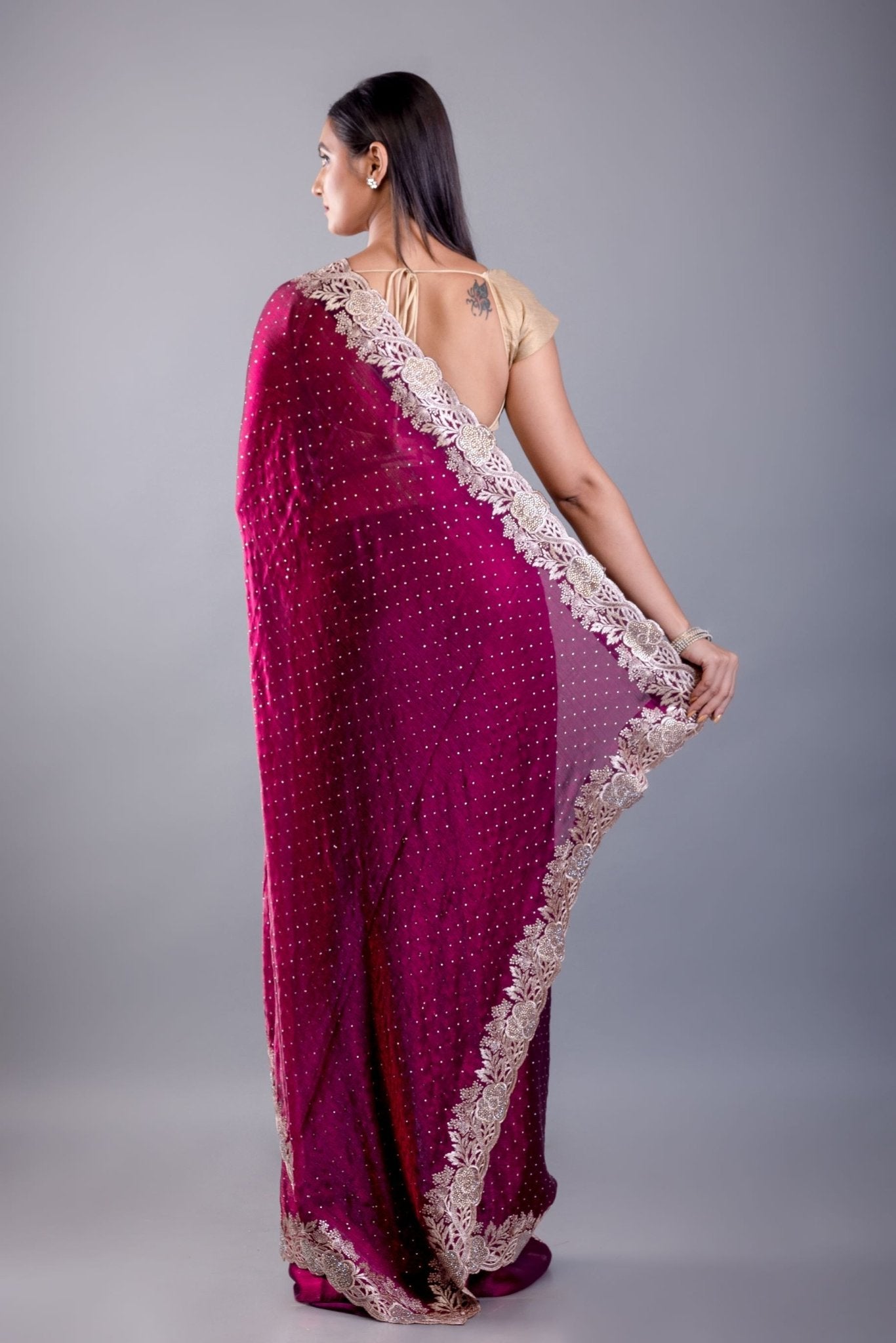 Purple Jimmy Choo Saree With All over stone Work and Heavy Border - Anvi Couture