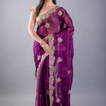 Purple Jimmy Choo Saree With All over Floral Work and Heavy Border  -  Image 1