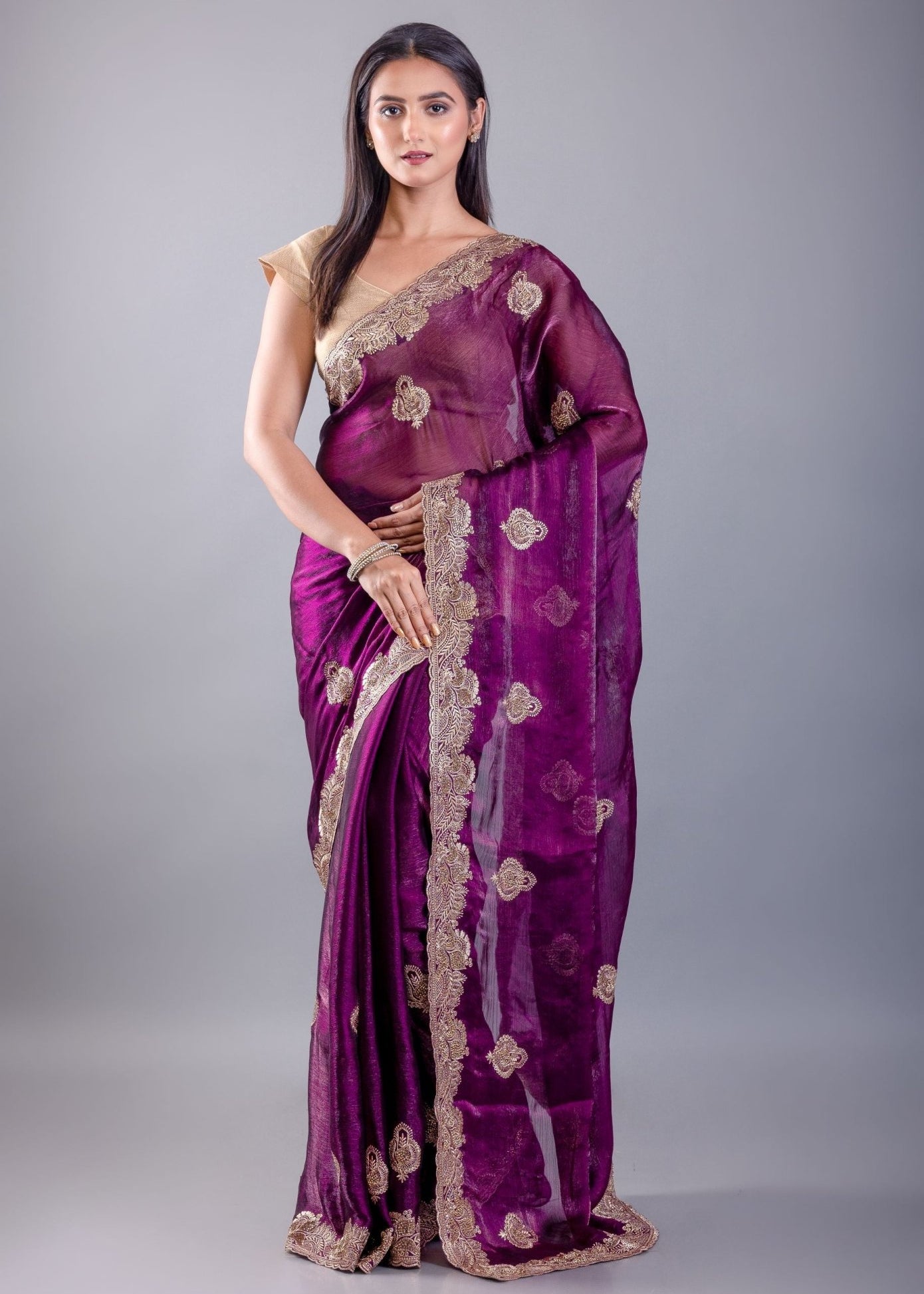 Purple Jimmy Choo Saree With All over Floral Work and Heavy Border - Anvi Couture