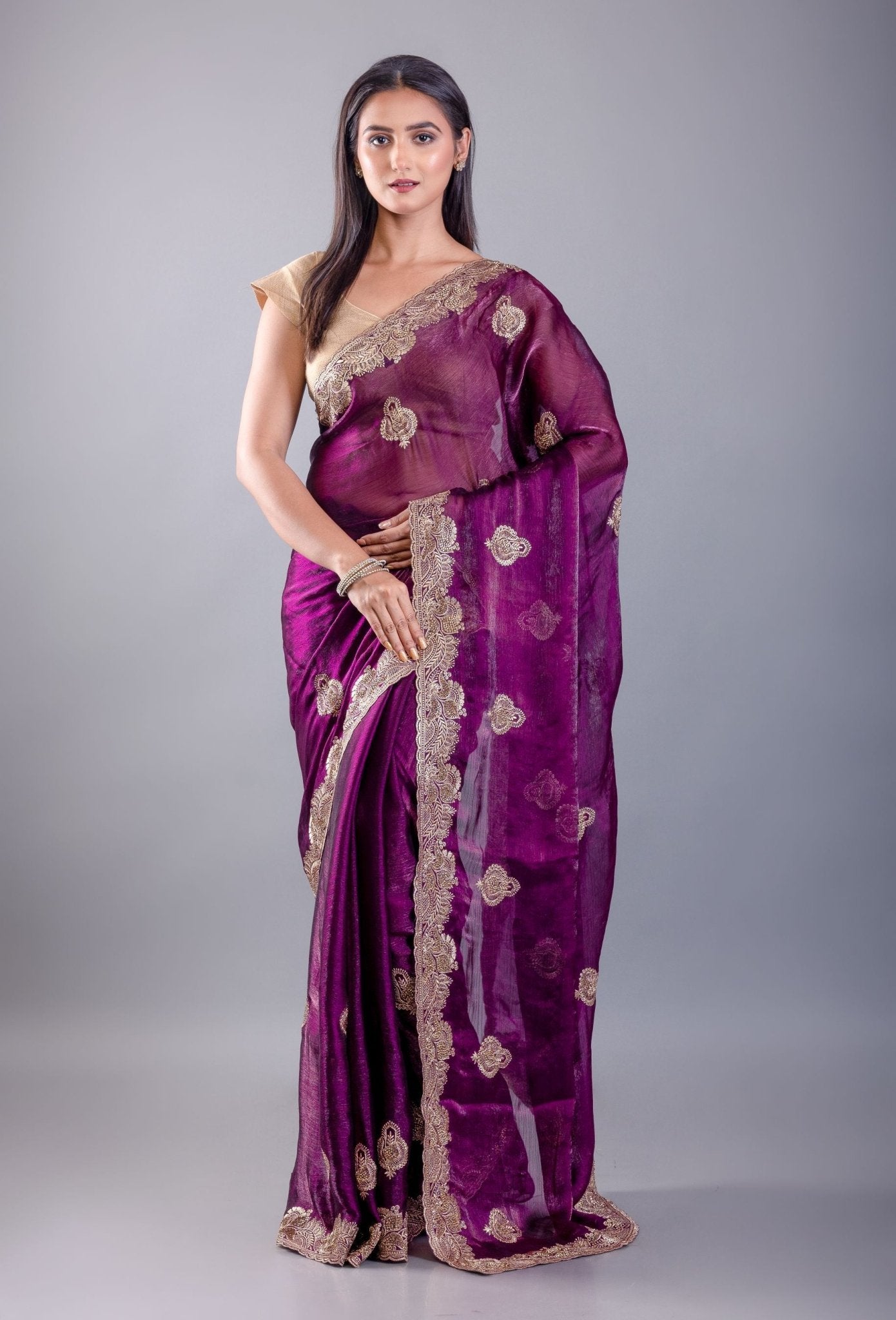 Purple Jimmy Choo Saree With All over Floral Work and Heavy Border - Anvi Couture