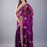 Purple Jimmy Choo Saree With All over Floral Work and Heavy Border -  Image 2