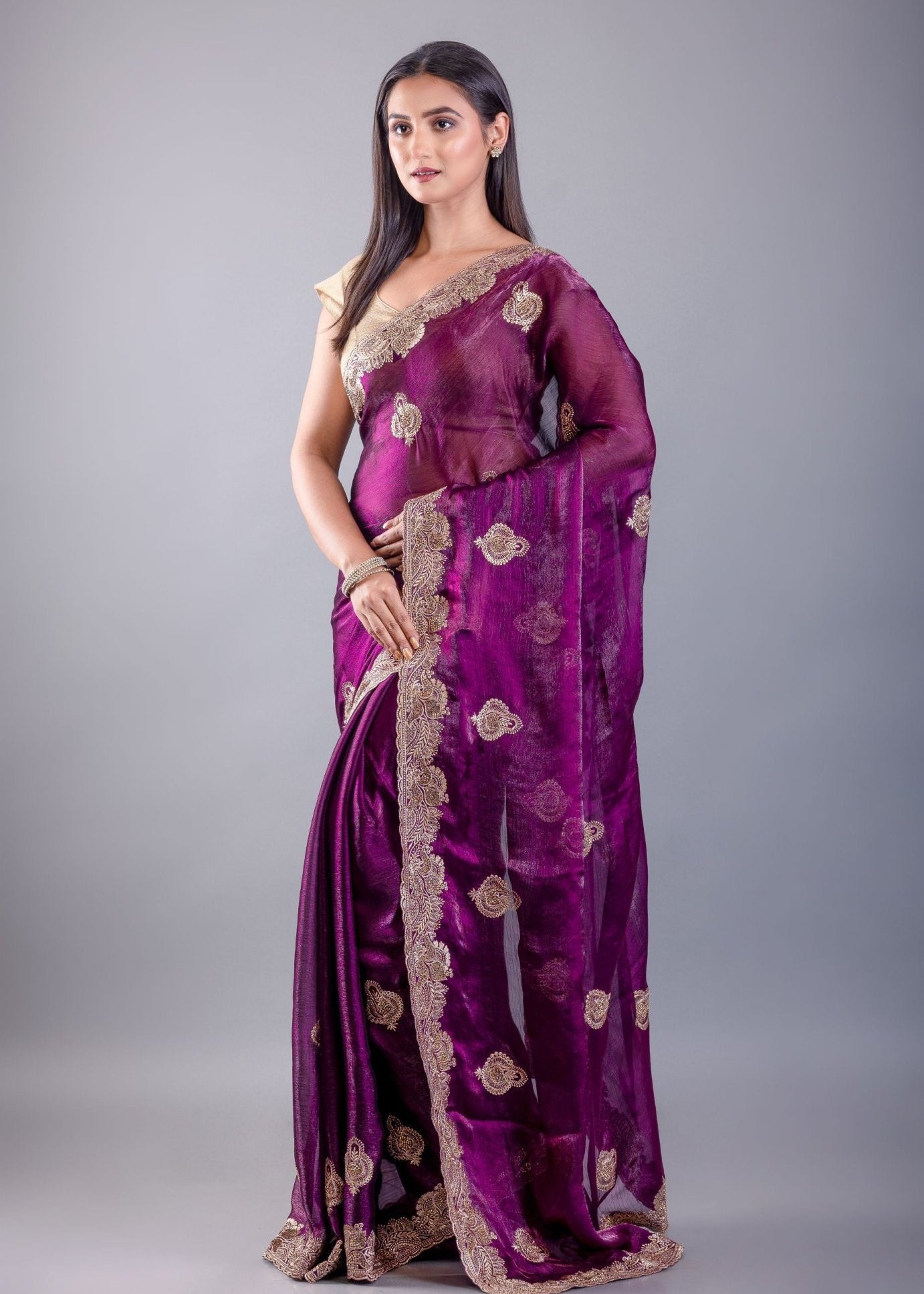 Purple Jimmy Choo Saree With All over Floral Work and Heavy Border - Anvi Couture