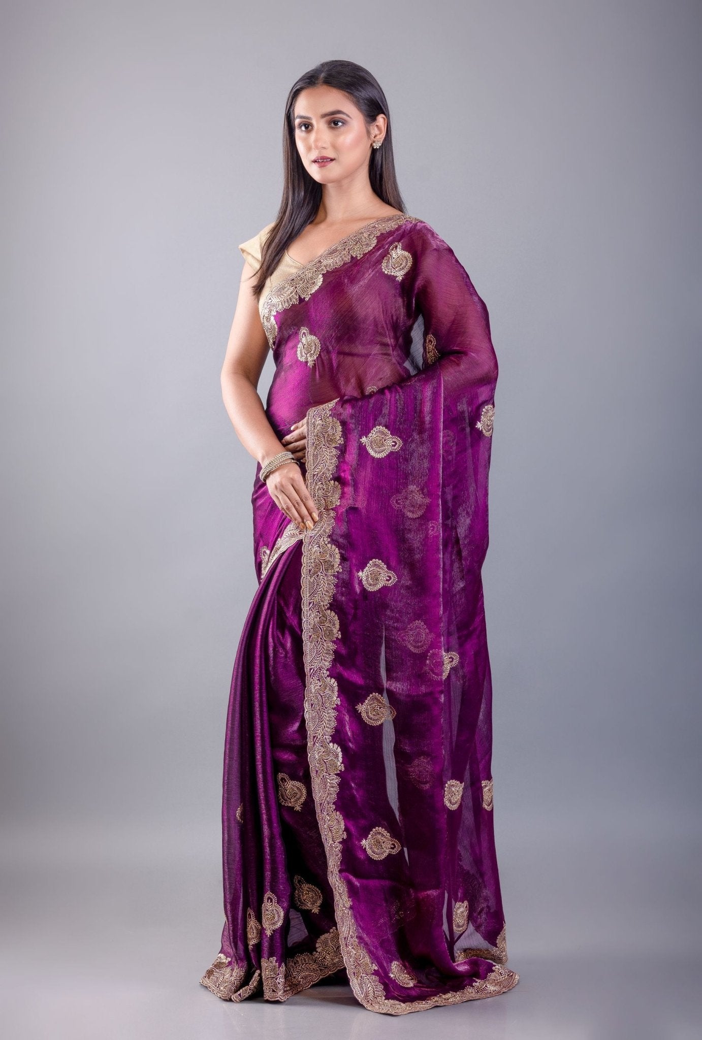 Purple Jimmy Choo Saree With All over Floral Work and Heavy Border - Anvi Couture