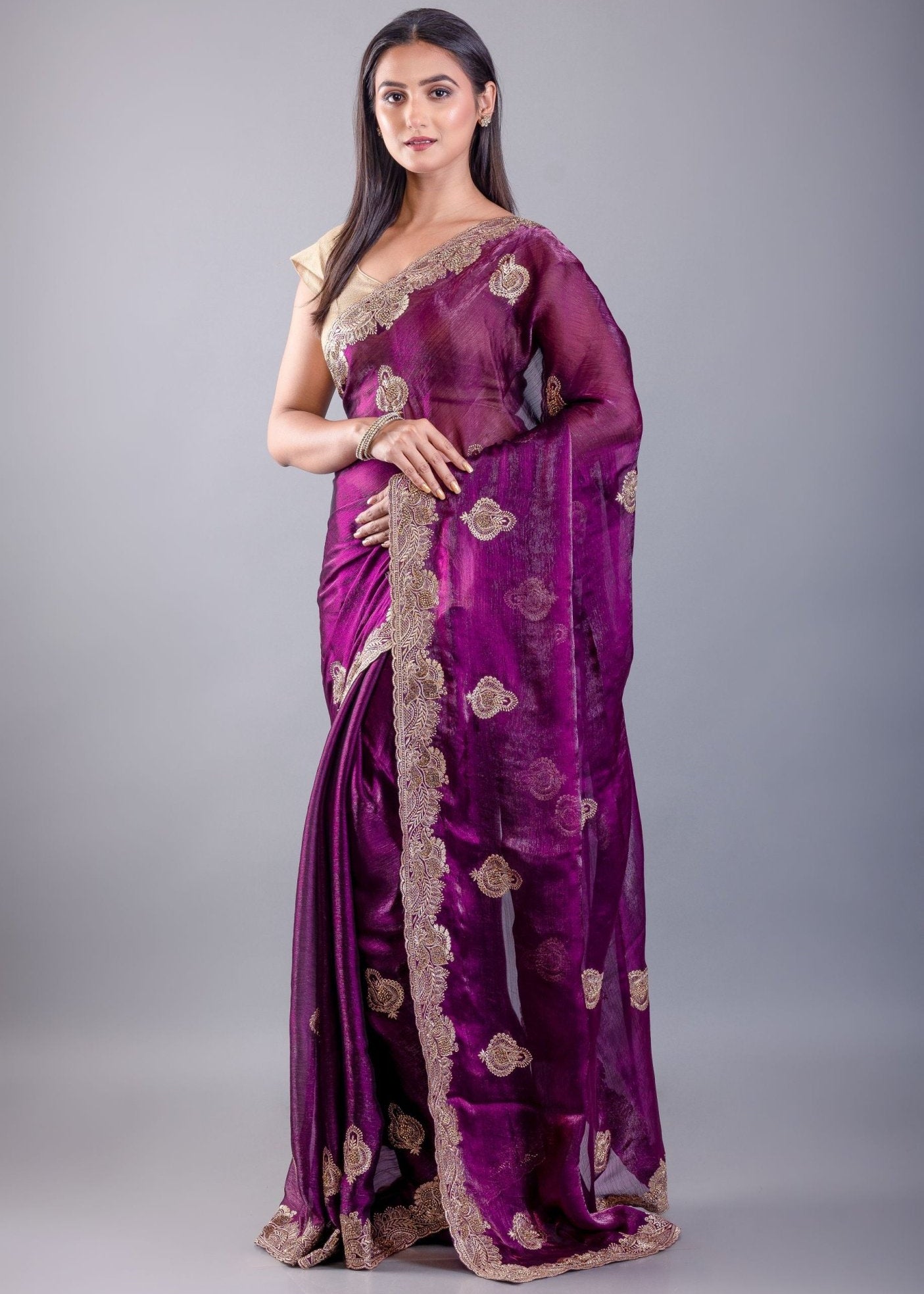 Purple Jimmy Choo Saree With All over Floral Work and Heavy Border - Anvi Couture
