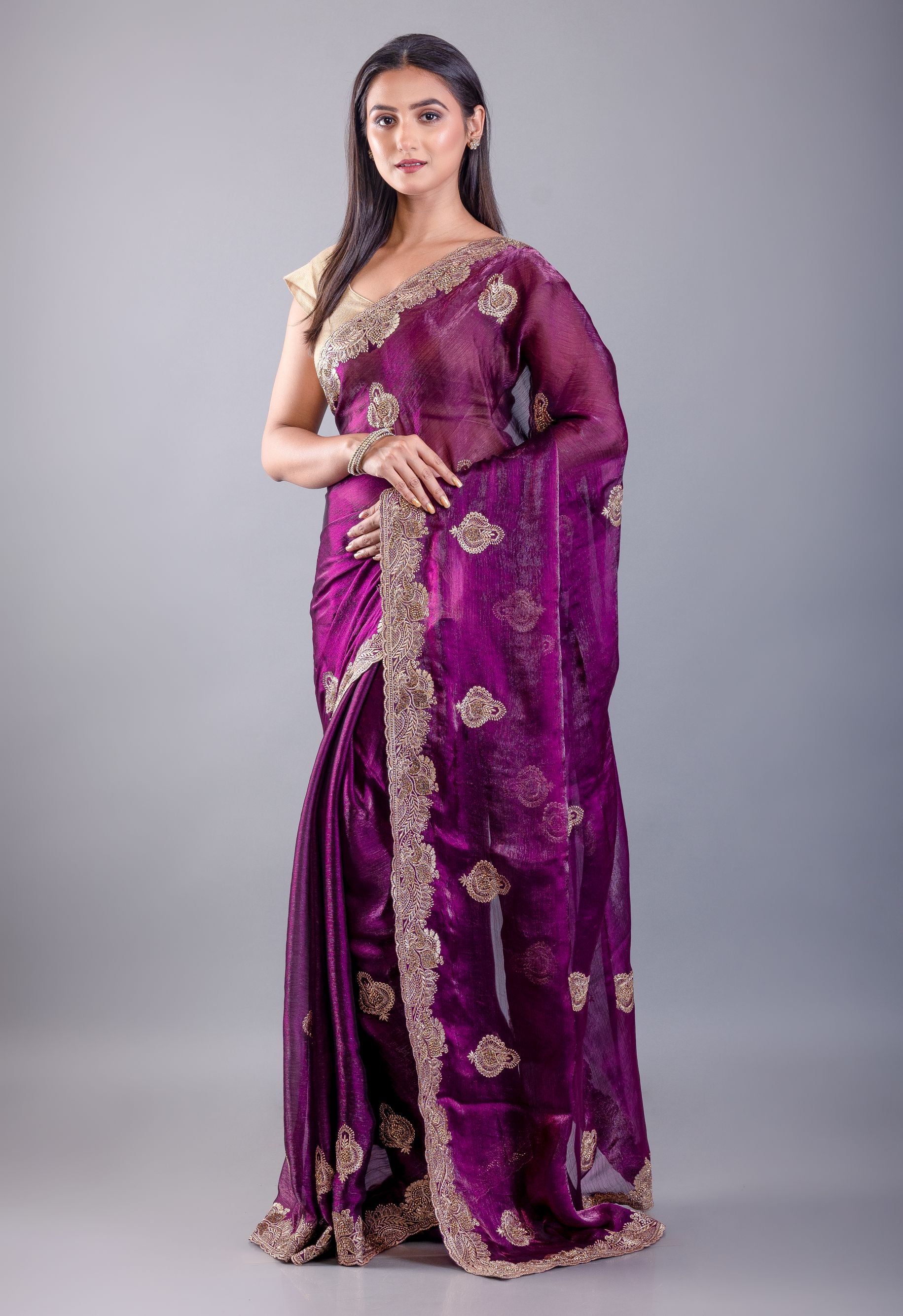 Purple Jimmy Choo Saree With All over Floral Work and Heavy Border -Image 3