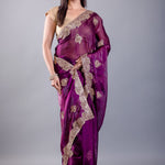 Purple Jimmy Choo Saree With All over Floral Work and Heavy Border -Image 4