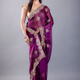Purple Jimmy Choo Saree With All over Floral Work and Heavy Border -Image 4