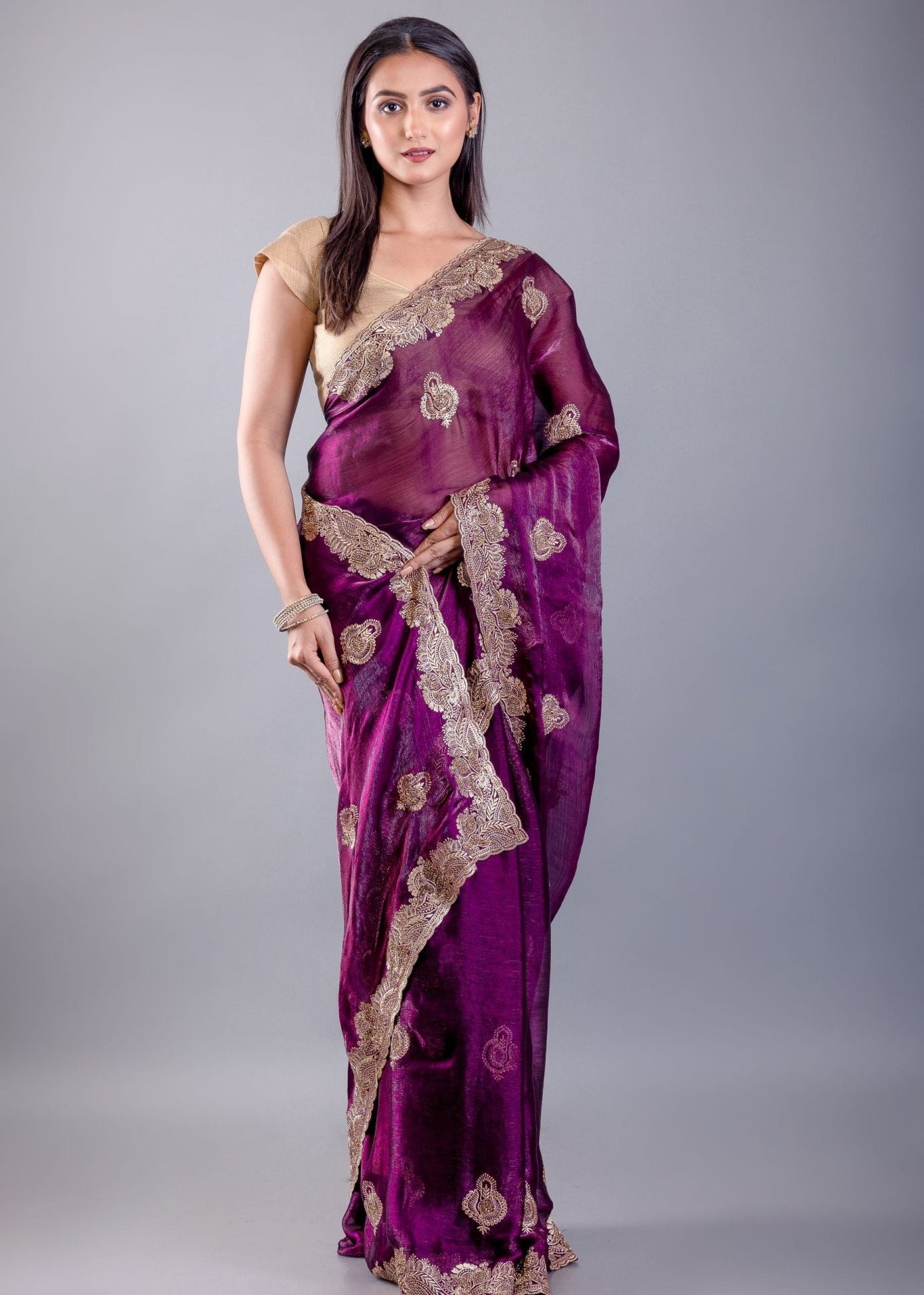 Purple Jimmy Choo Saree With All over Floral Work and Heavy Border - Anvi Couture
