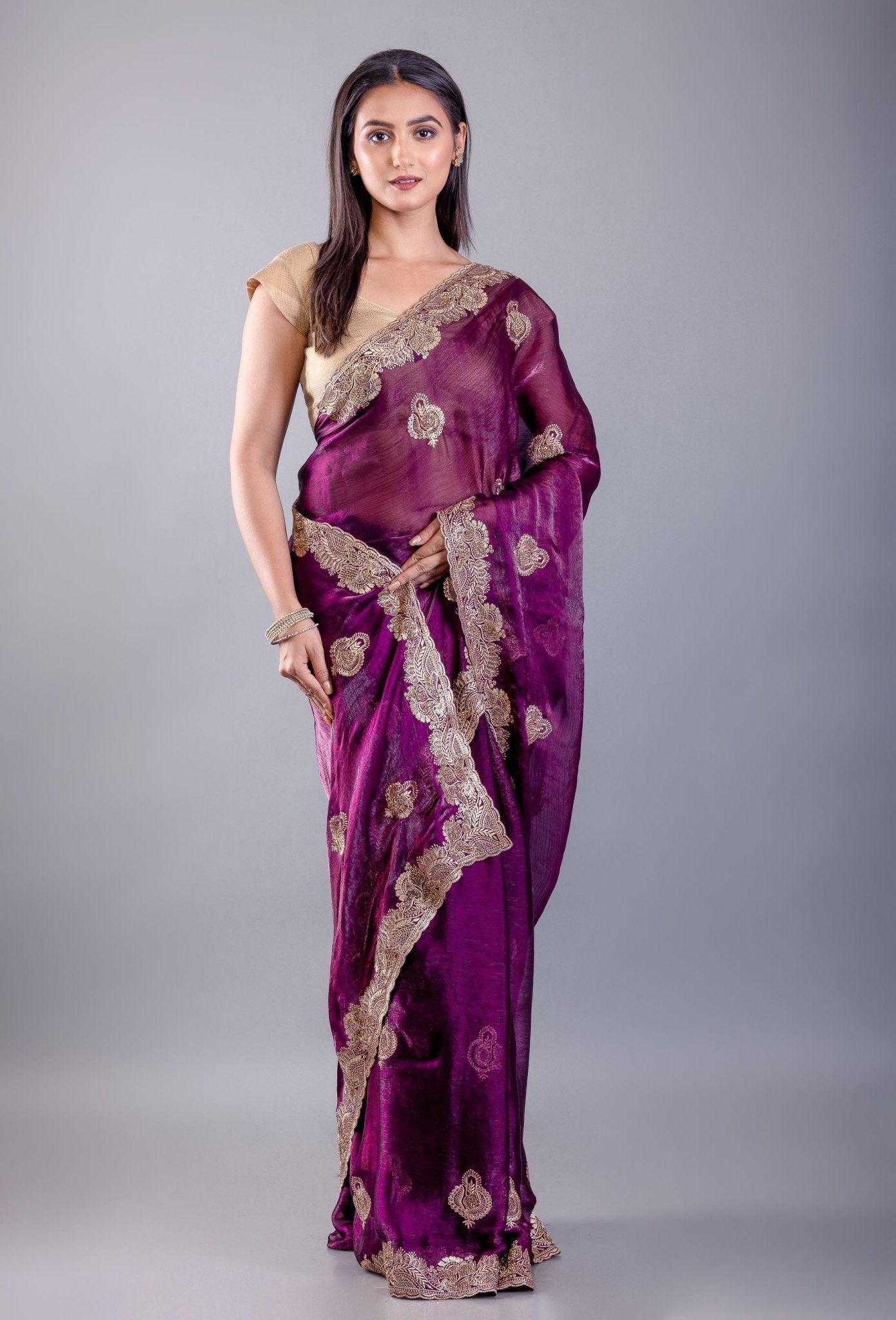 Purple Jimmy Choo Saree With All over Floral Work and Heavy Border - Anvi Couture