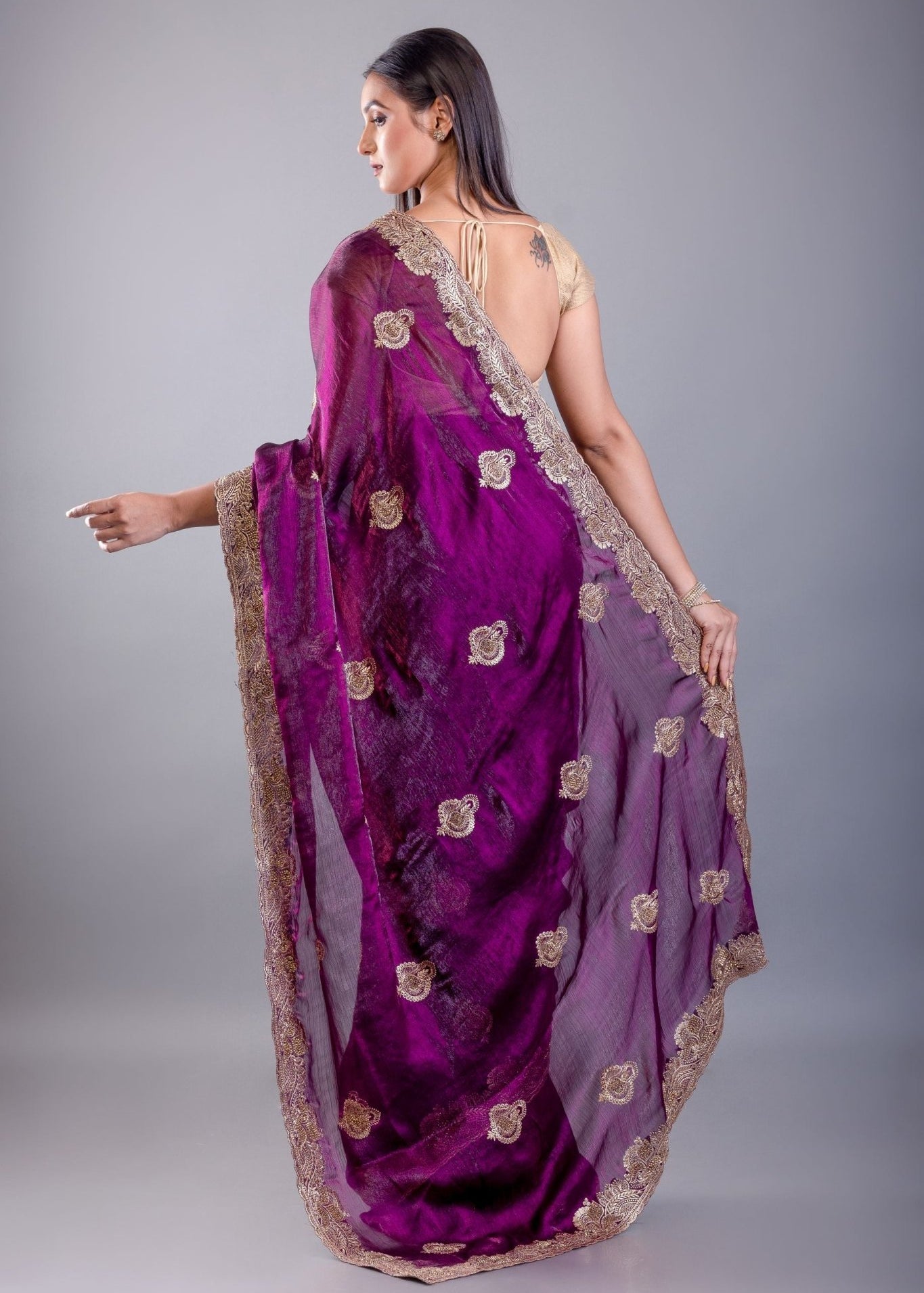 Purple Jimmy Choo Saree With All over Floral Work and Heavy Border - Anvi Couture
