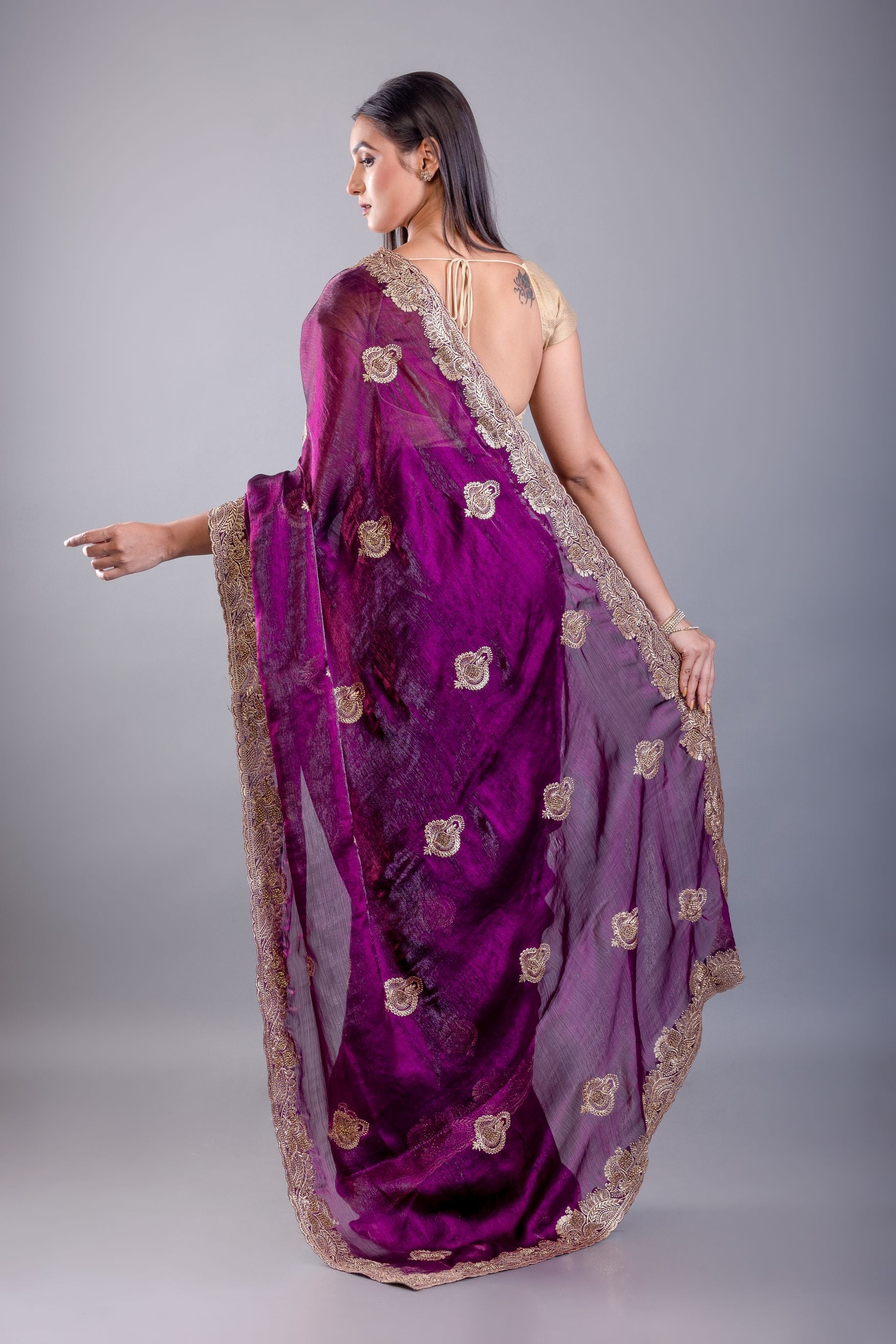 Purple Jimmy Choo Saree With All over Floral Work and Heavy Border - Image 5
