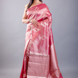 Pink Color Dola Silk Saree with Golden floral Weave - Anvi Couture