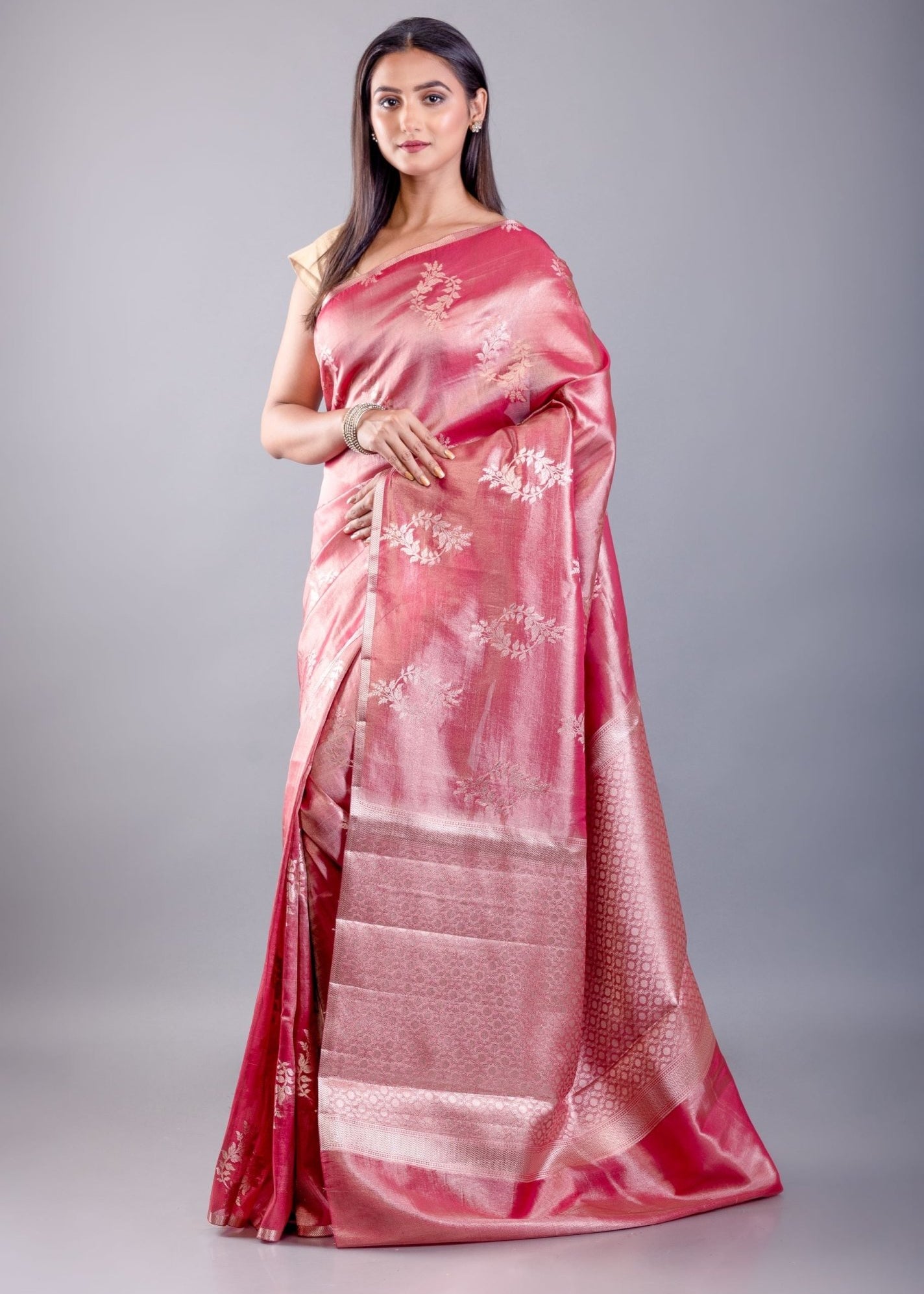 Pink Color Dola Silk Saree with Golden floral Weave - Anvi Couture